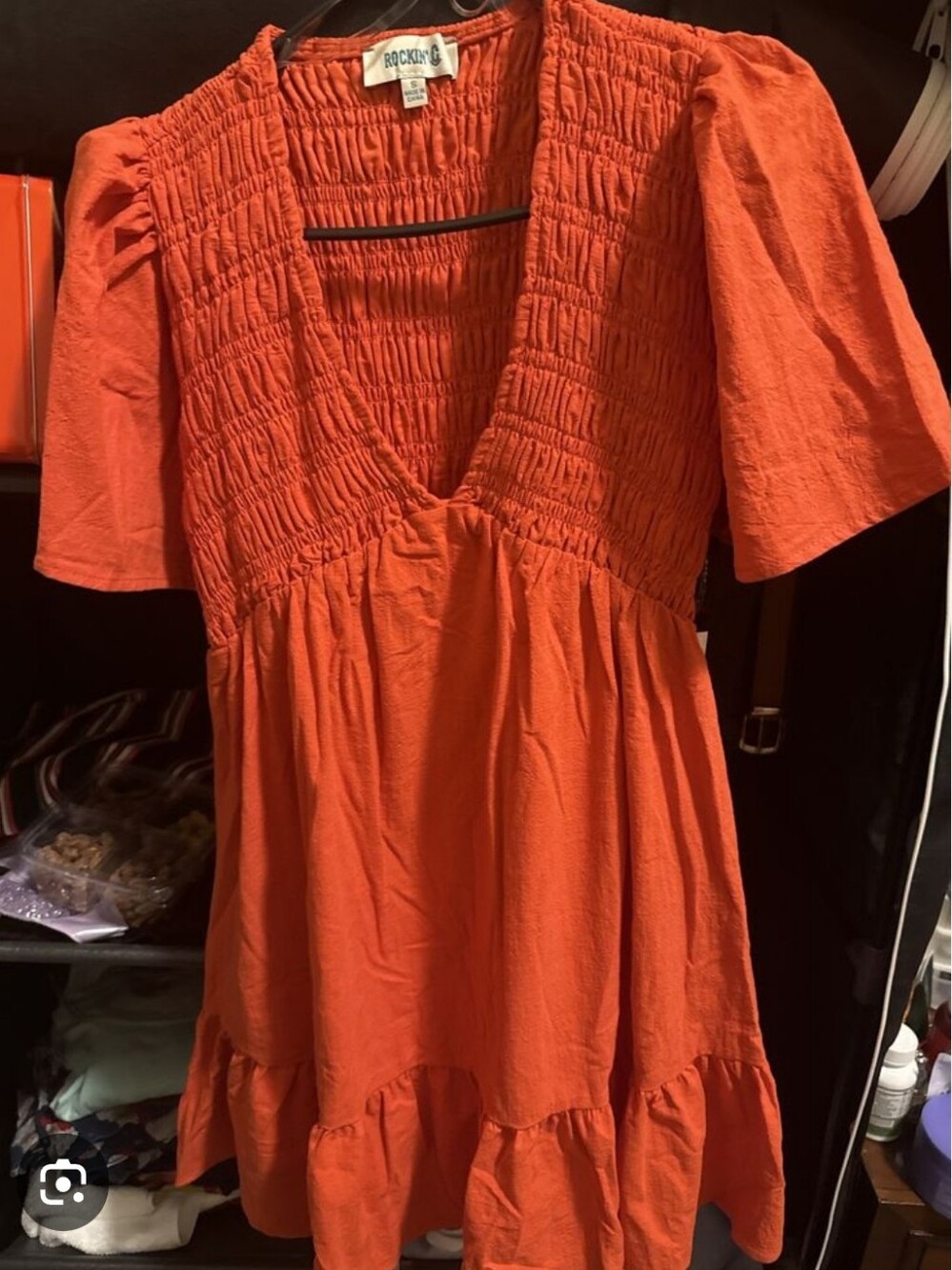 Rockin' C western boutique dress a vibrant orange color and a smocked bodice Sm